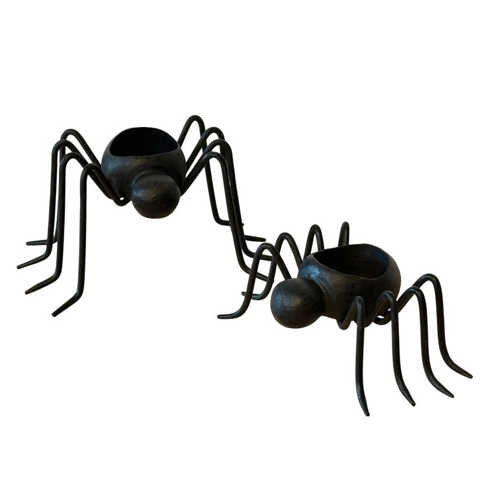 Pottery Barn Cast Iron Spider Tealight Candle Holders Set of 2 Halloween Spooky